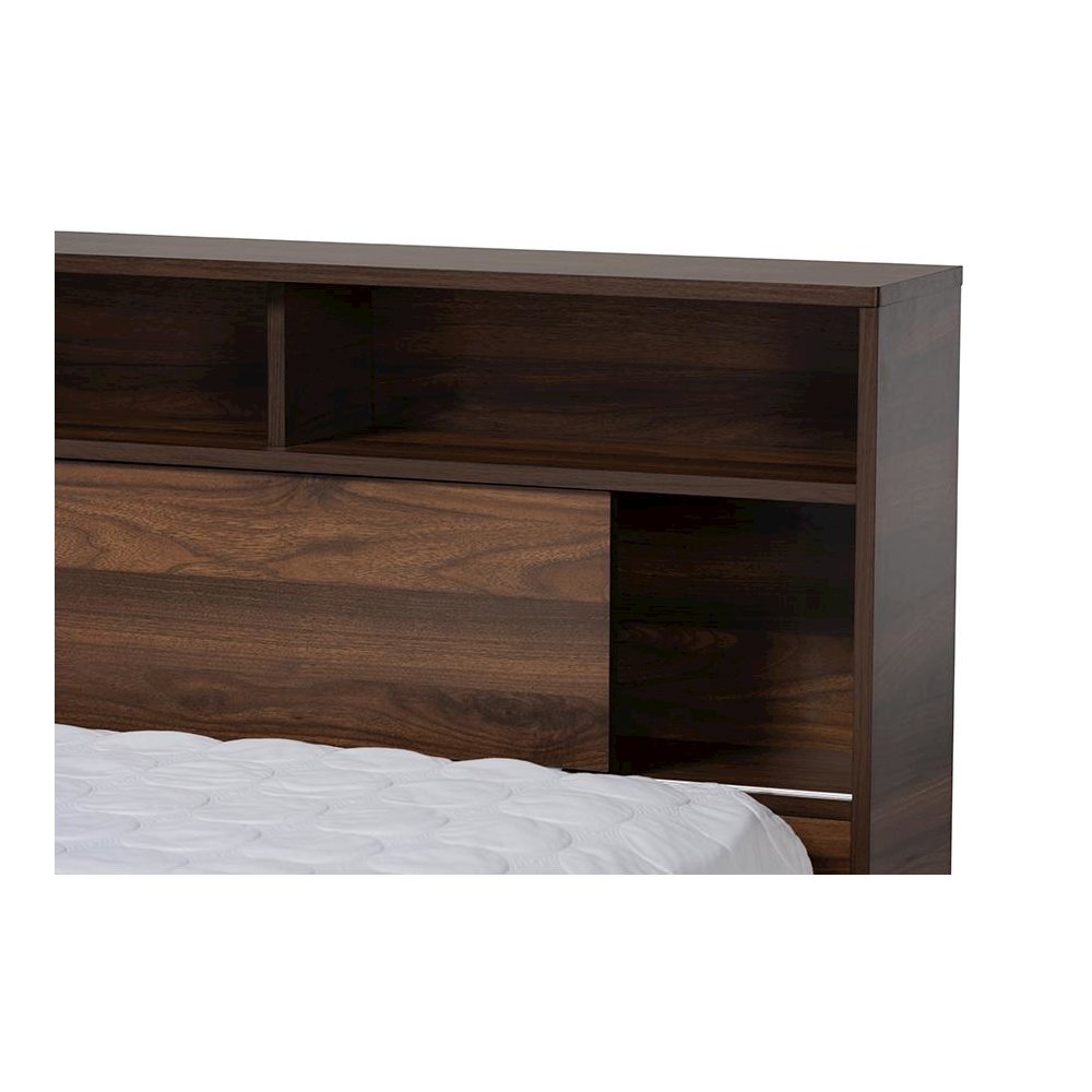 Walnut Brown Finished Wood 1-Drawer Queen Size Platform Storage Bed with Shelves. Picture 6