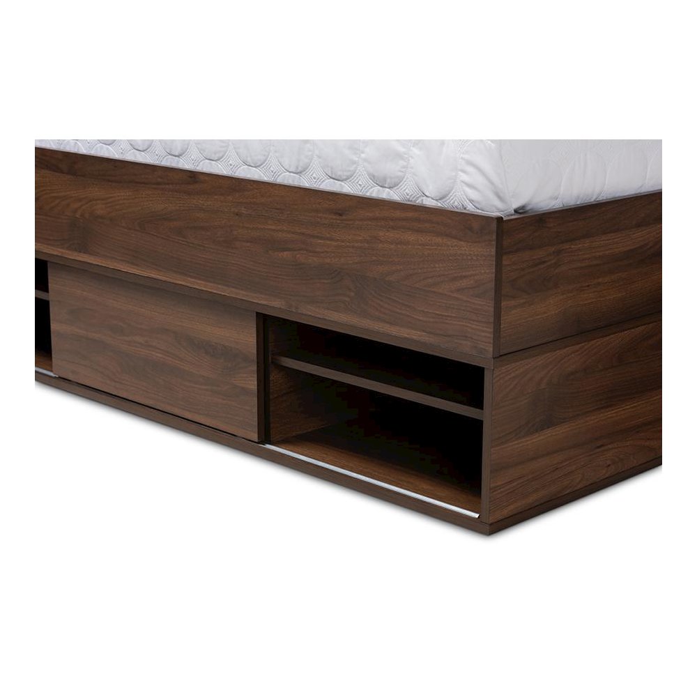 Walnut Brown Finished Wood 1-Drawer Queen Size Platform Storage Bed with Shelves. Picture 8
