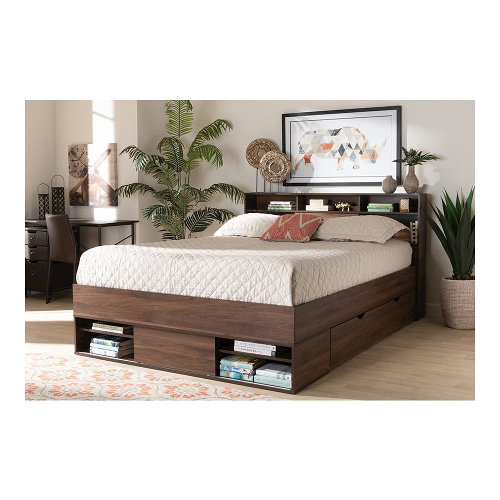 Walnut Brown Finished Wood 1-Drawer Queen Size Platform Storage Bed with Shelves. Picture 9