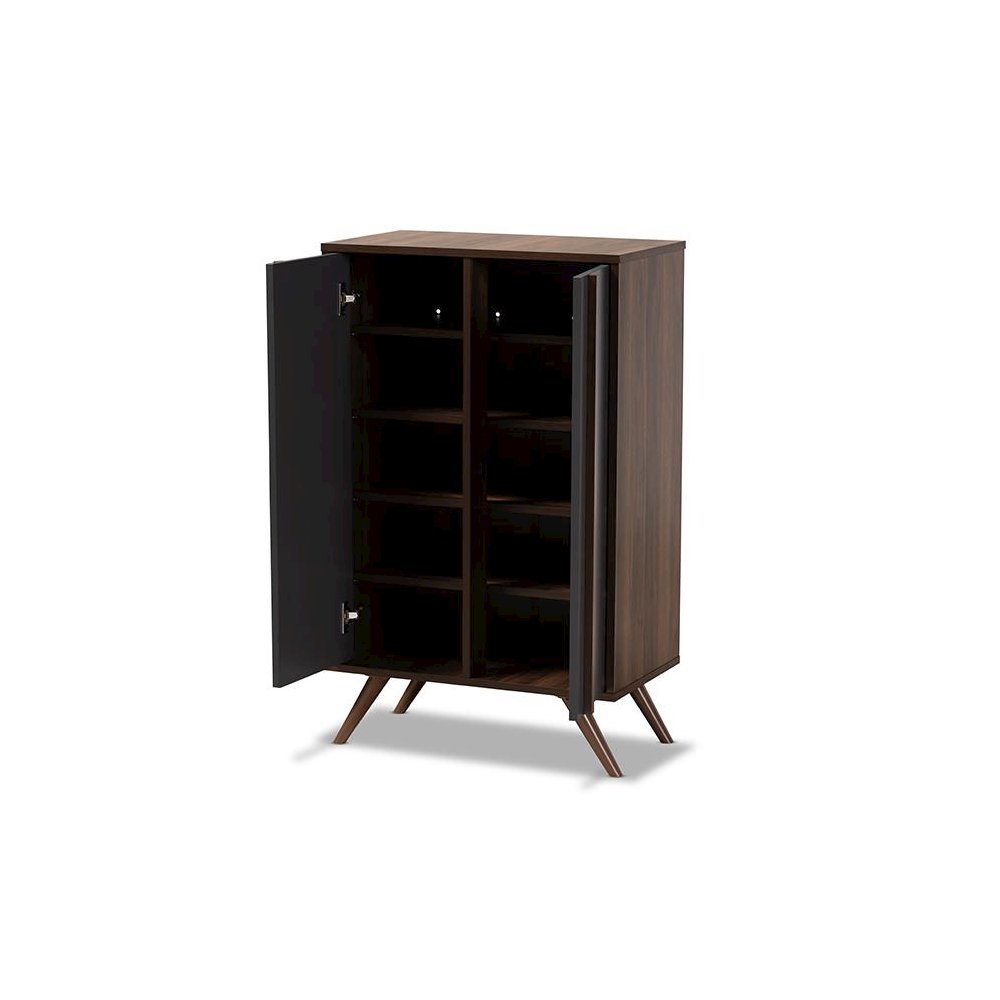Two-Tone Grey and Walnut Finished Wood 2-Door Shoe Cabinet. Picture 2