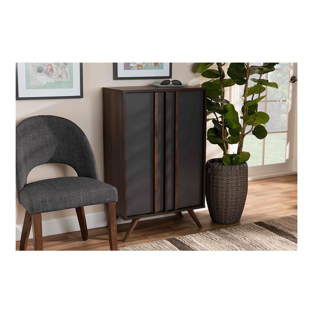 Two-Tone Grey and Walnut Finished Wood 2-Door Shoe Cabinet. Picture 7