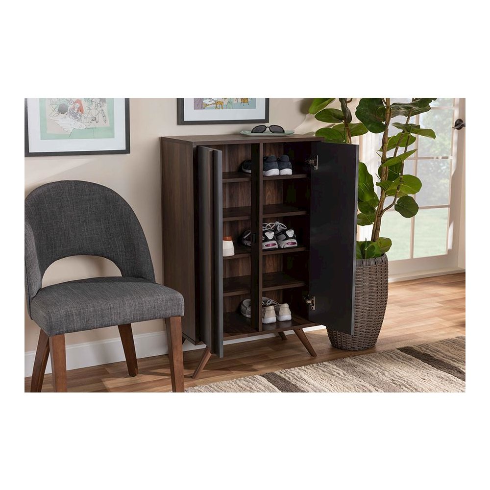 Two-Tone Grey and Walnut Finished Wood 2-Door Shoe Cabinet. Picture 8