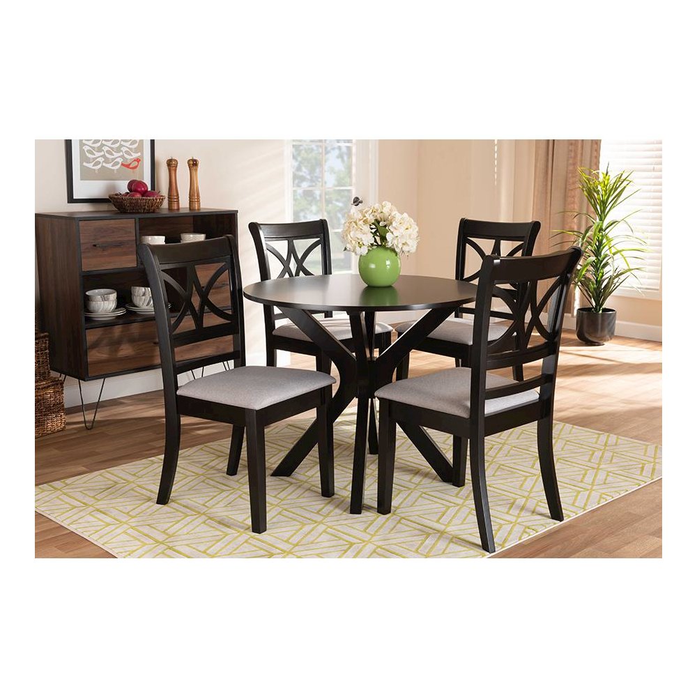 Grey Fabric Upholstered and Dark Brown Finished Wood 5-Piece Dining Set. Picture 7