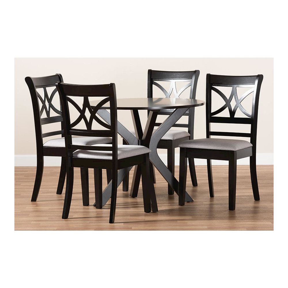 Grey Fabric Upholstered and Dark Brown Finished Wood 5-Piece Dining Set. Picture 8