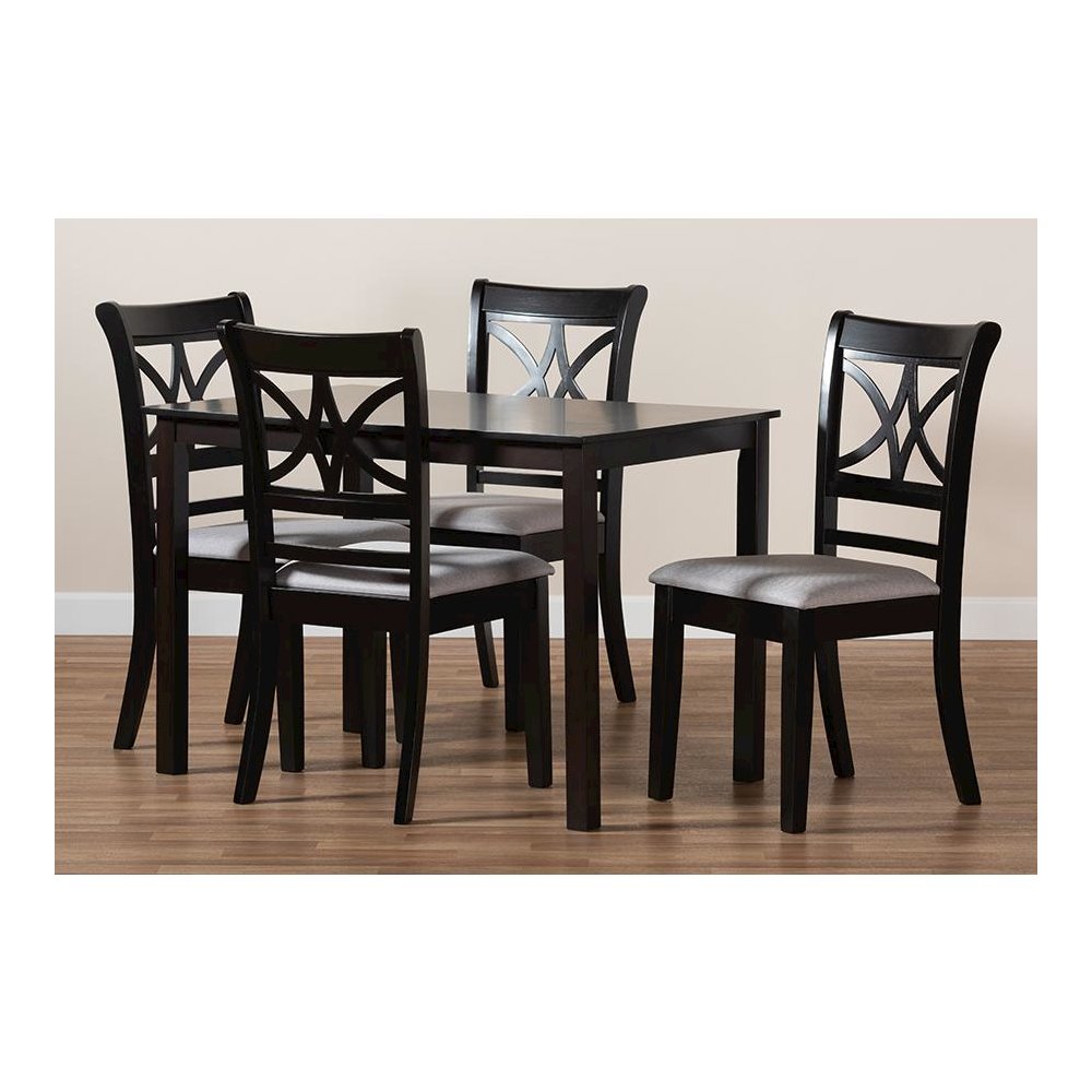 Grey Fabric Upholstered and Espresso Brown Finished Wood 5-Piece Dining Set. Picture 8