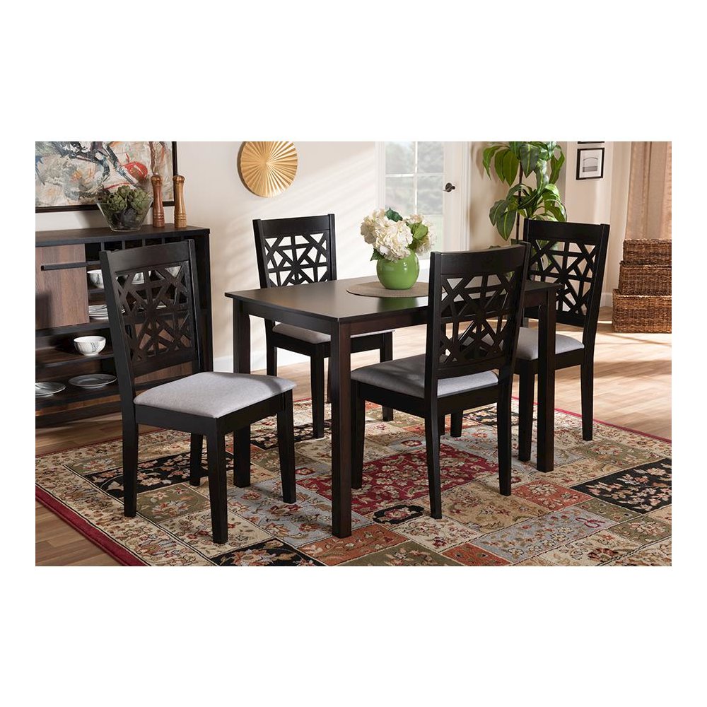 Grey Fabric Upholstered and Espresso Brown Finished Wood 5-Piece Dining Set. Picture 7