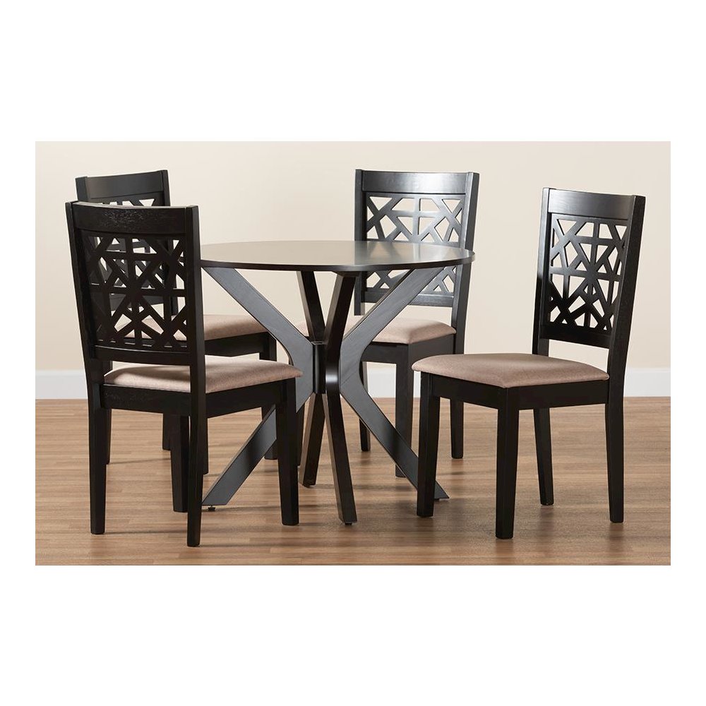 Karel Modern Beige Fabric and Espresso Brown Finished Wood 5-Piece Dining Set. Picture 9