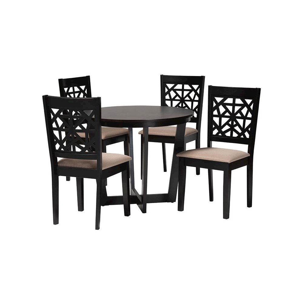 Jamie Moden Beige Fabric and Dark Brown Finished Wood 5-Piece Dining Set. Picture 1
