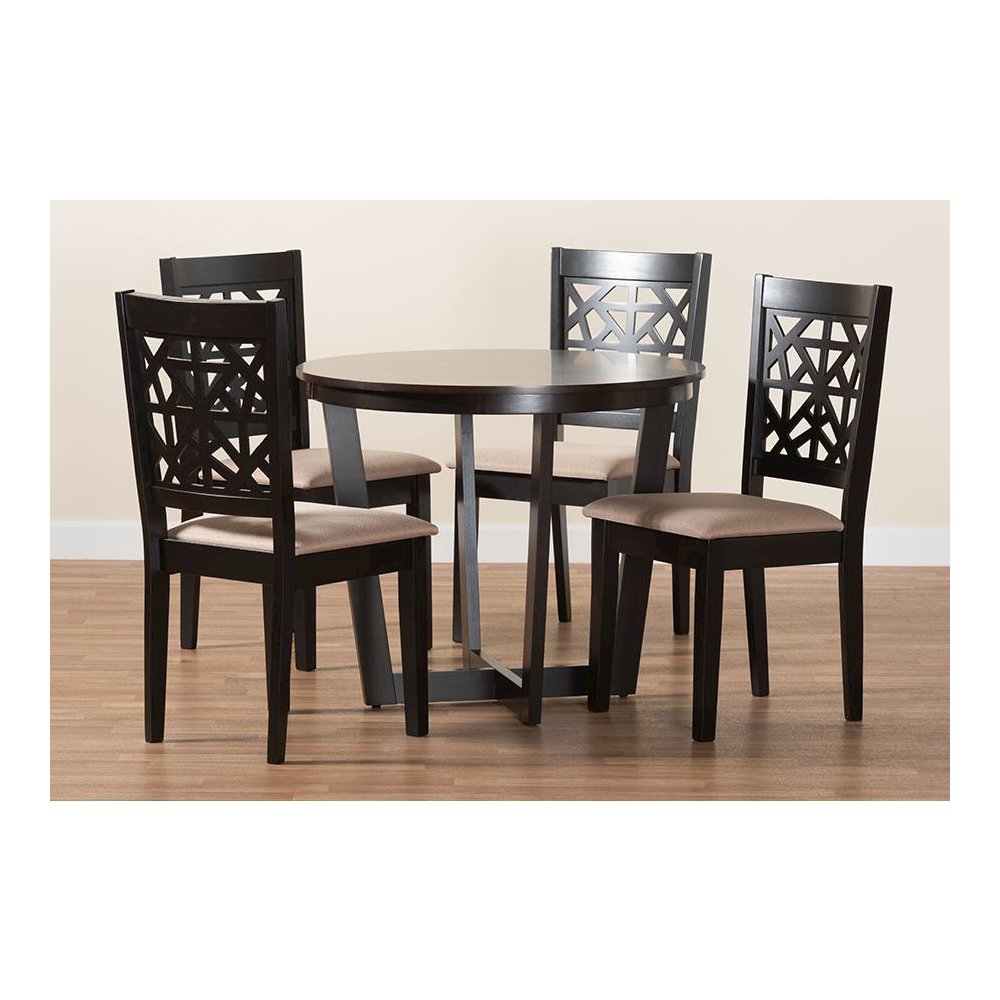 Jamie Moden Beige Fabric and Dark Brown Finished Wood 5-Piece Dining Set. Picture 9