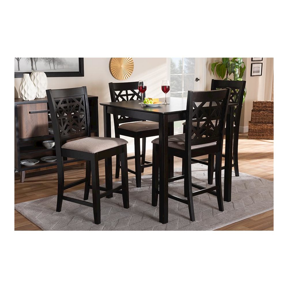 Sand Fabric Upholstered and Espresso Brown Finished Wood 5-Piece Pub Dining Set. Picture 6