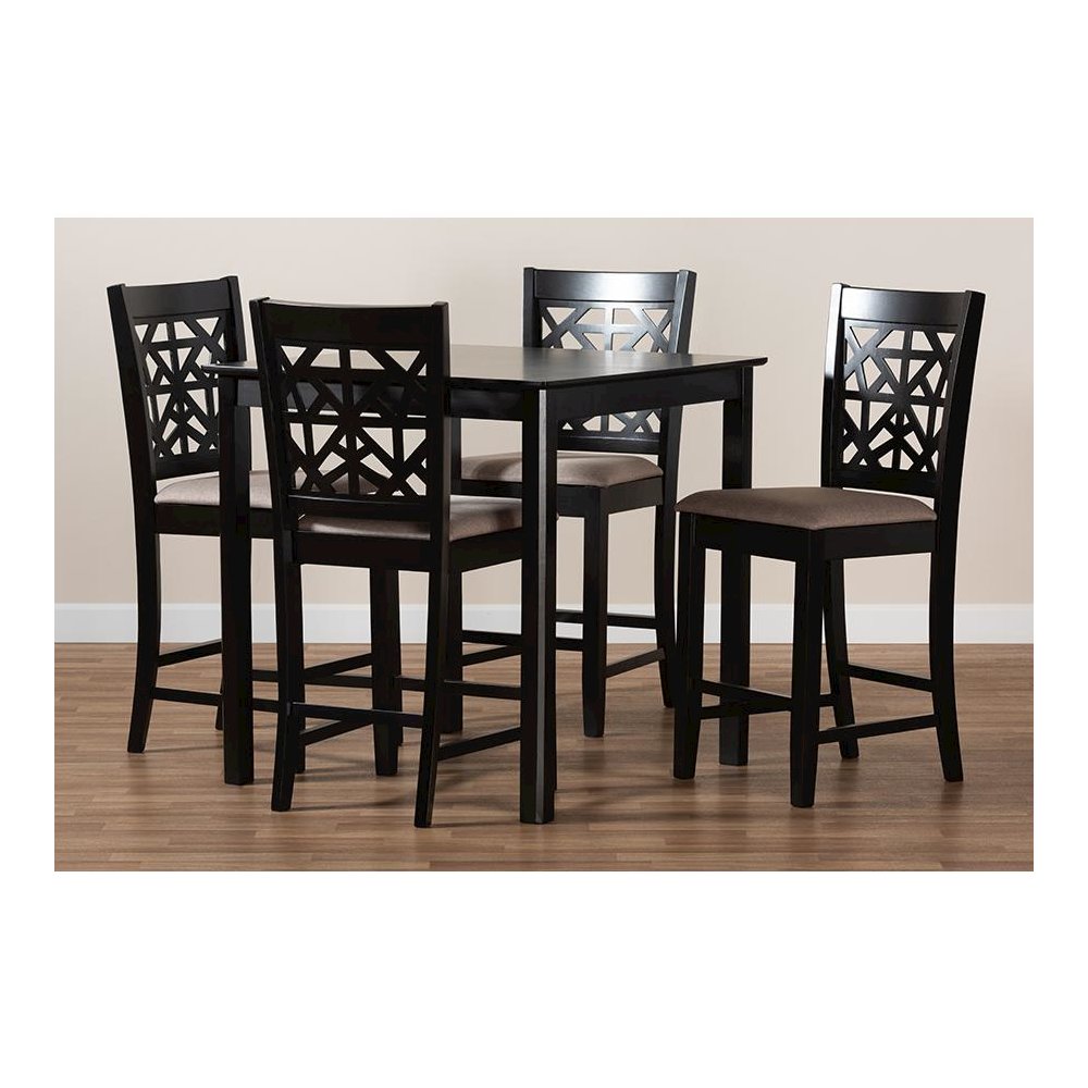 Sand Fabric Upholstered and Espresso Brown Finished Wood 5-Piece Pub Dining Set. Picture 7