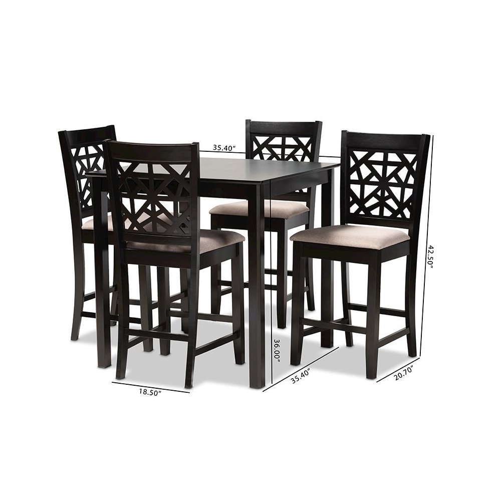 Sand Fabric Upholstered and Espresso Brown Finished Wood 5-Piece Pub Dining Set. Picture 8