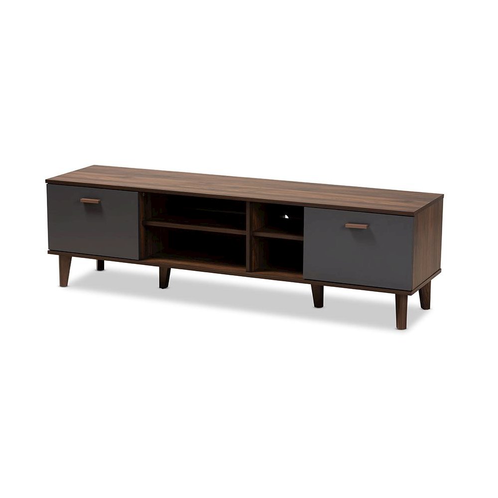 Moina Mid-Century Modern Two-Tone Walnut Brown and Grey Finished Wood TV Stand. Picture 1
