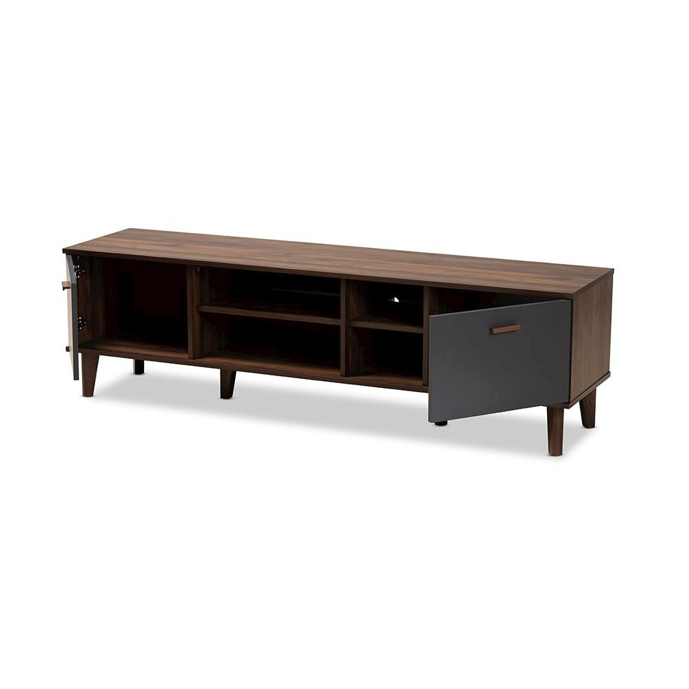 Moina Mid-Century Modern Two-Tone Walnut Brown and Grey Finished Wood TV Stand. Picture 2