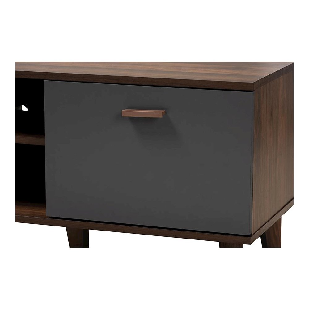 Moina Mid-Century Modern Two-Tone Walnut Brown and Grey Finished Wood TV Stand. Picture 5