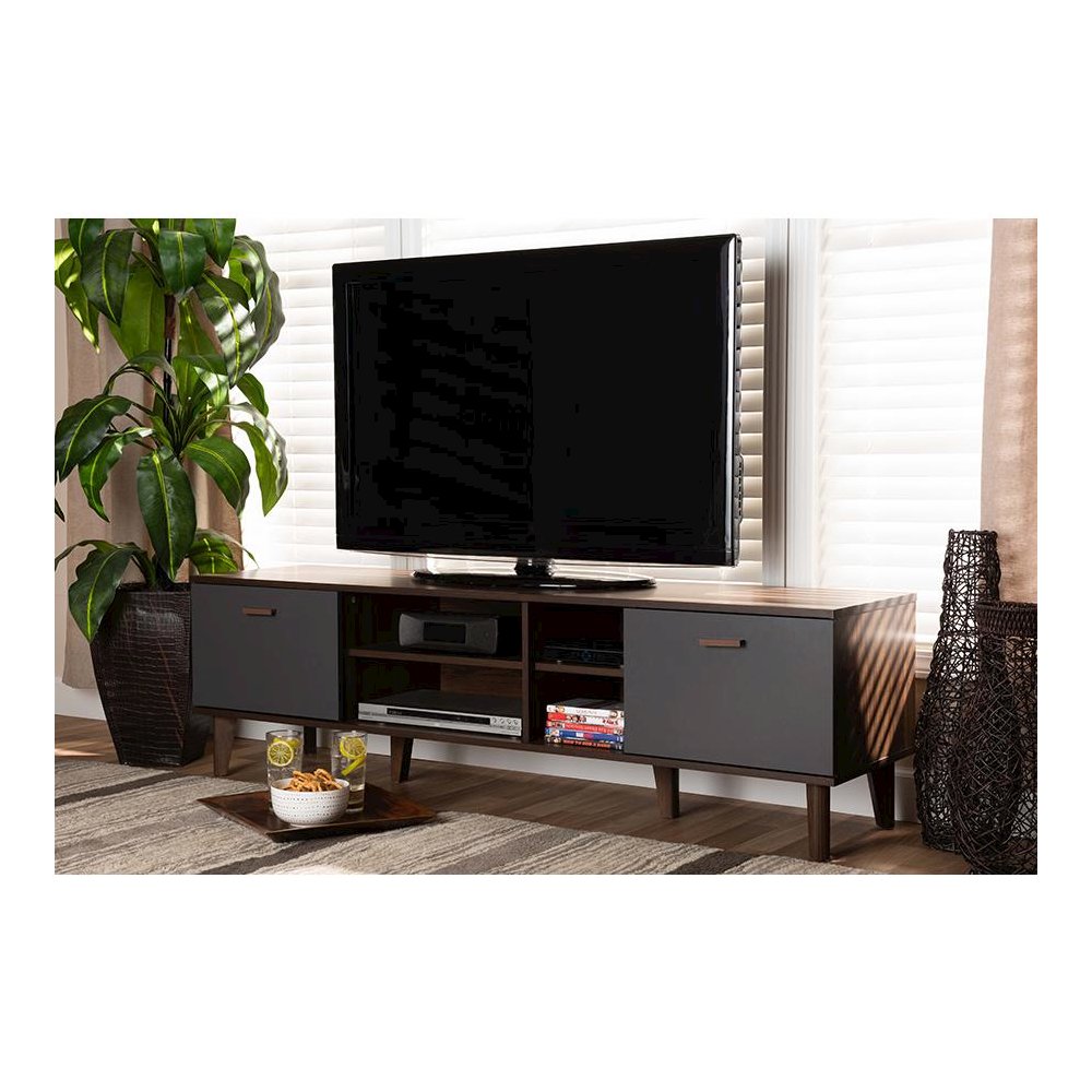 Moina Mid-Century Modern Two-Tone Walnut Brown and Grey Finished Wood TV Stand. Picture 7