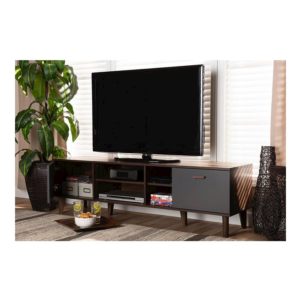 Moina Mid-Century Modern Two-Tone Walnut Brown and Grey Finished Wood TV Stand. Picture 8