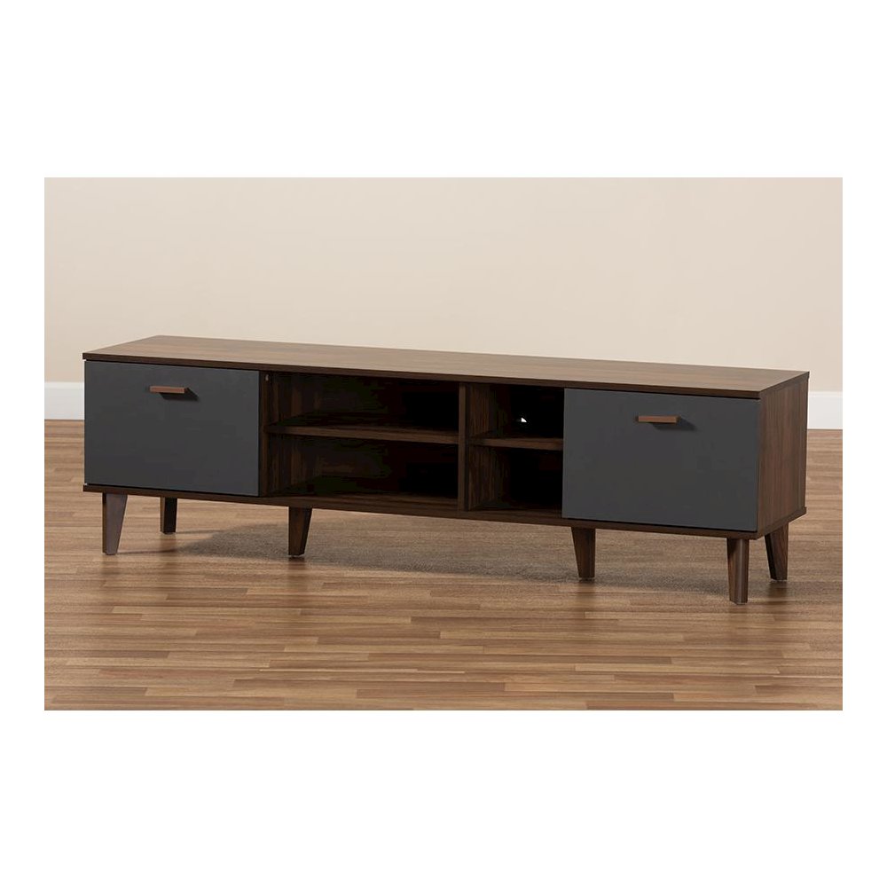 Moina Mid-Century Modern Two-Tone Walnut Brown and Grey Finished Wood TV Stand. Picture 9