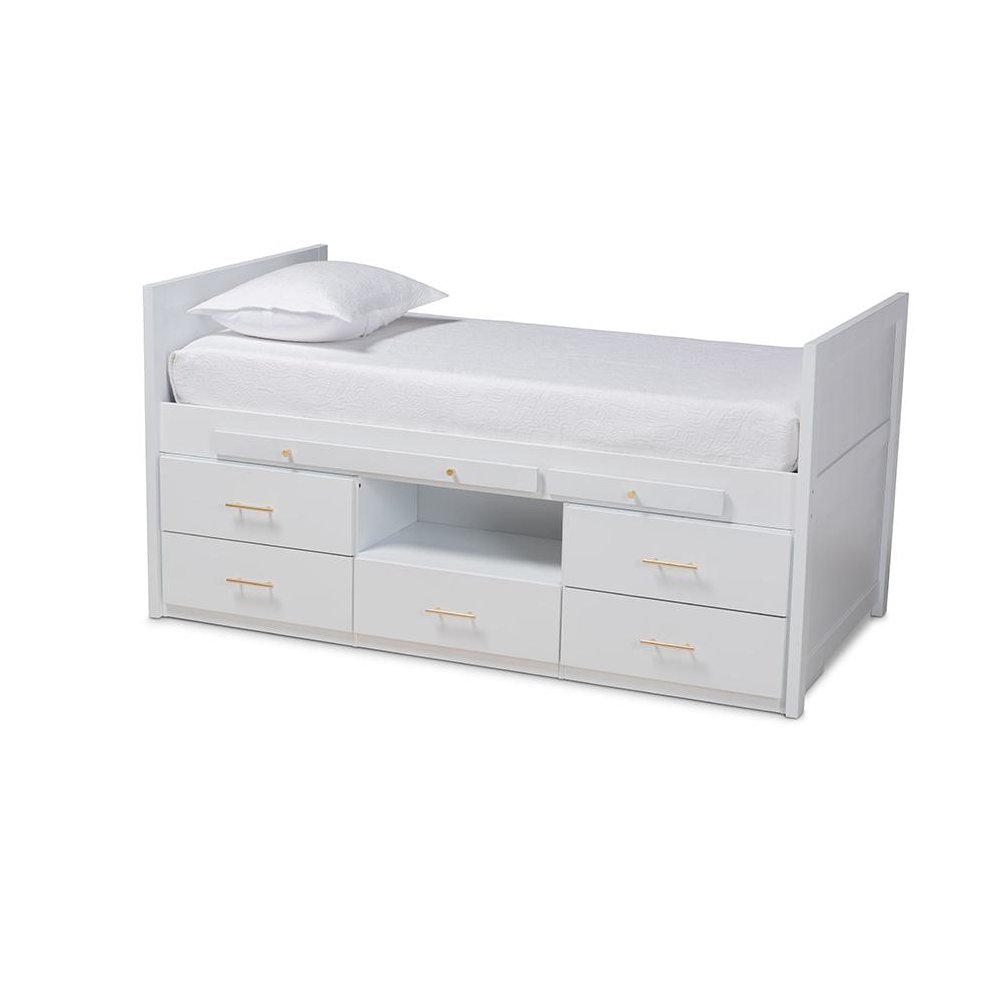White Finished Wood 5-Drawer Twin Size Storage Bed with Pull-Out Desk. Picture 1