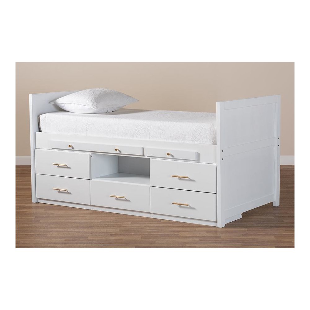 White Finished Wood 5-Drawer Twin Size Storage Bed with Pull-Out Desk. Picture 10