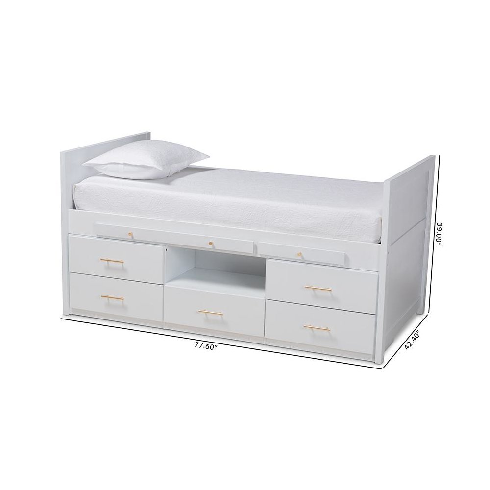 White Finished Wood 5-Drawer Twin Size Storage Bed with Pull-Out Desk. Picture 11