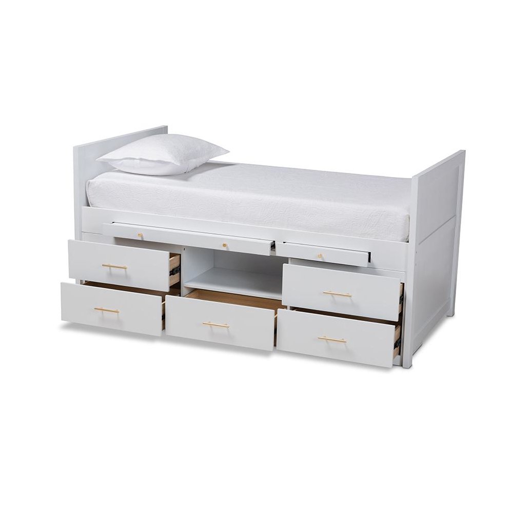 White Finished Wood 5-Drawer Twin Size Storage Bed with Pull-Out Desk. Picture 2