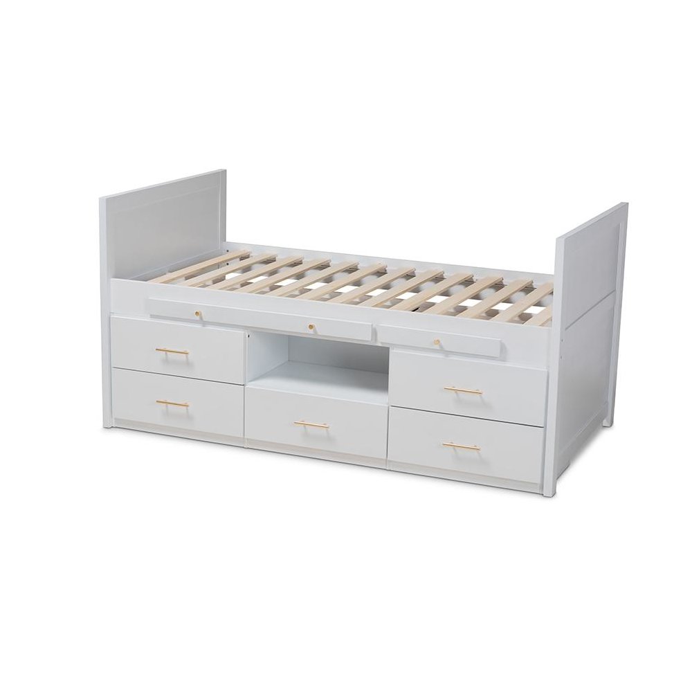 White Finished Wood 5-Drawer Twin Size Storage Bed with Pull-Out Desk. Picture 4