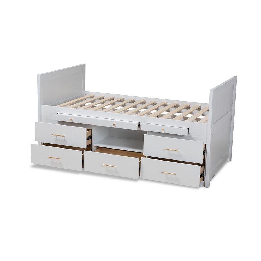 White Finished Wood 5-Drawer Twin Size Storage Bed with Pull-Out Desk. Picture 5