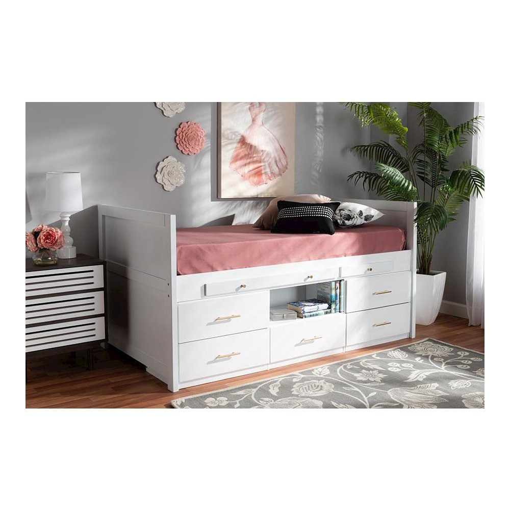 White Finished Wood 5-Drawer Twin Size Storage Bed with Pull-Out Desk. Picture 8