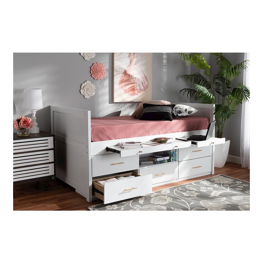 White Finished Wood 5-Drawer Twin Size Storage Bed with Pull-Out Desk. Picture 9