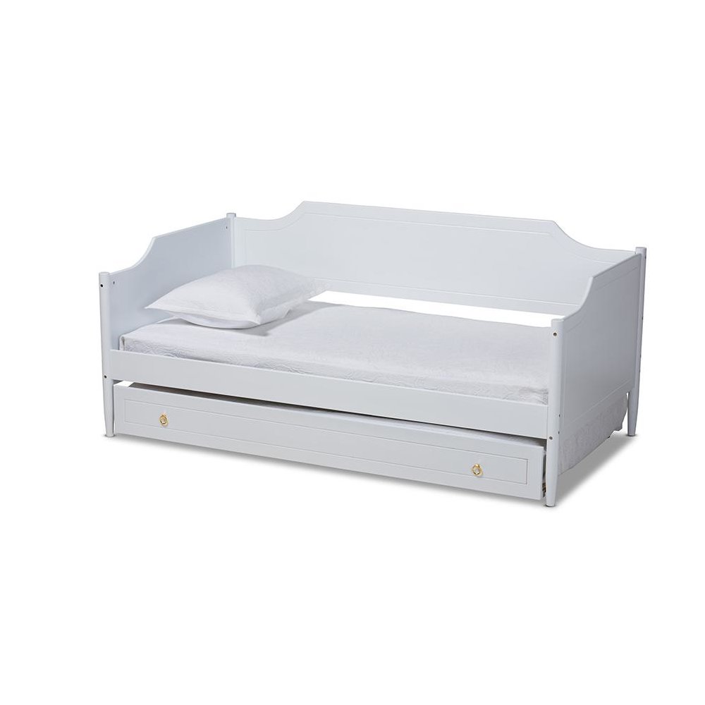 Farmhouse White Finished Wood Twin Size Daybed with Roll-Out Trundle Bed. Picture 1