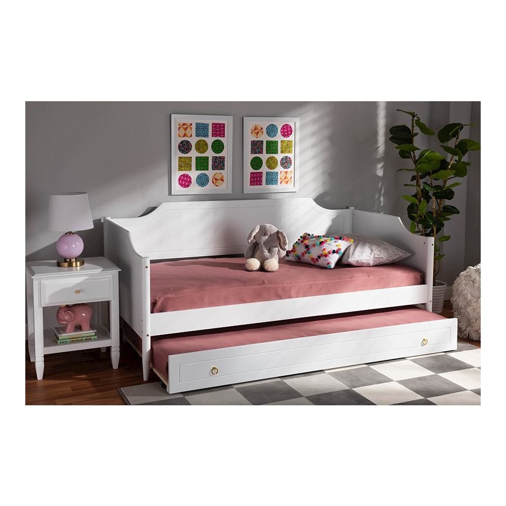 Farmhouse White Finished Wood Twin Size Daybed with Roll-Out Trundle Bed. Picture 10