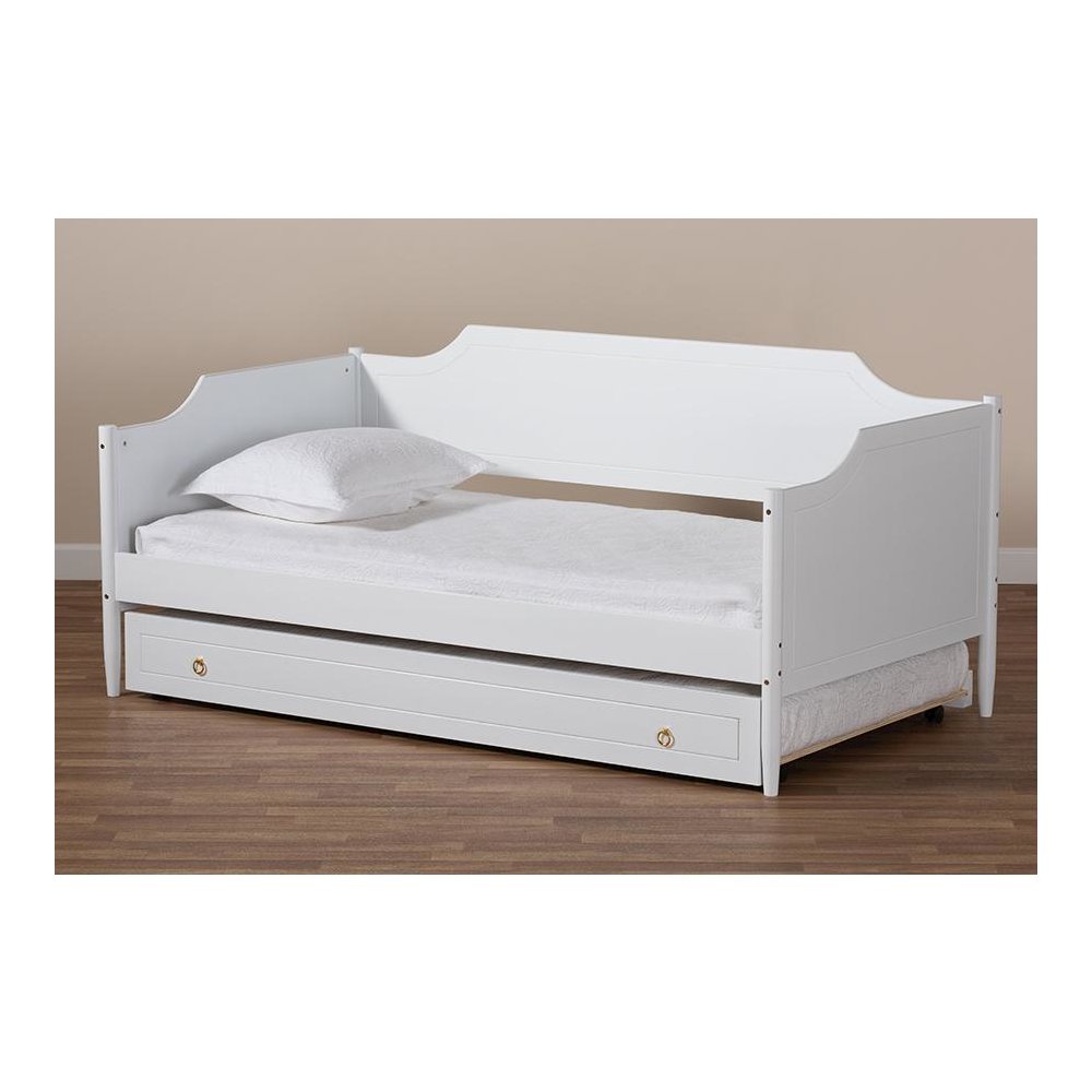 Farmhouse White Finished Wood Twin Size Daybed with Roll-Out Trundle Bed. Picture 11