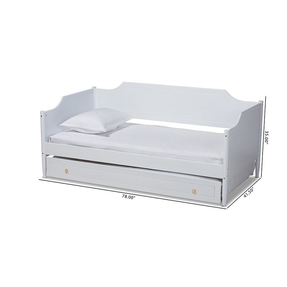 Farmhouse White Finished Wood Twin Size Daybed with Roll-Out Trundle Bed. Picture 12