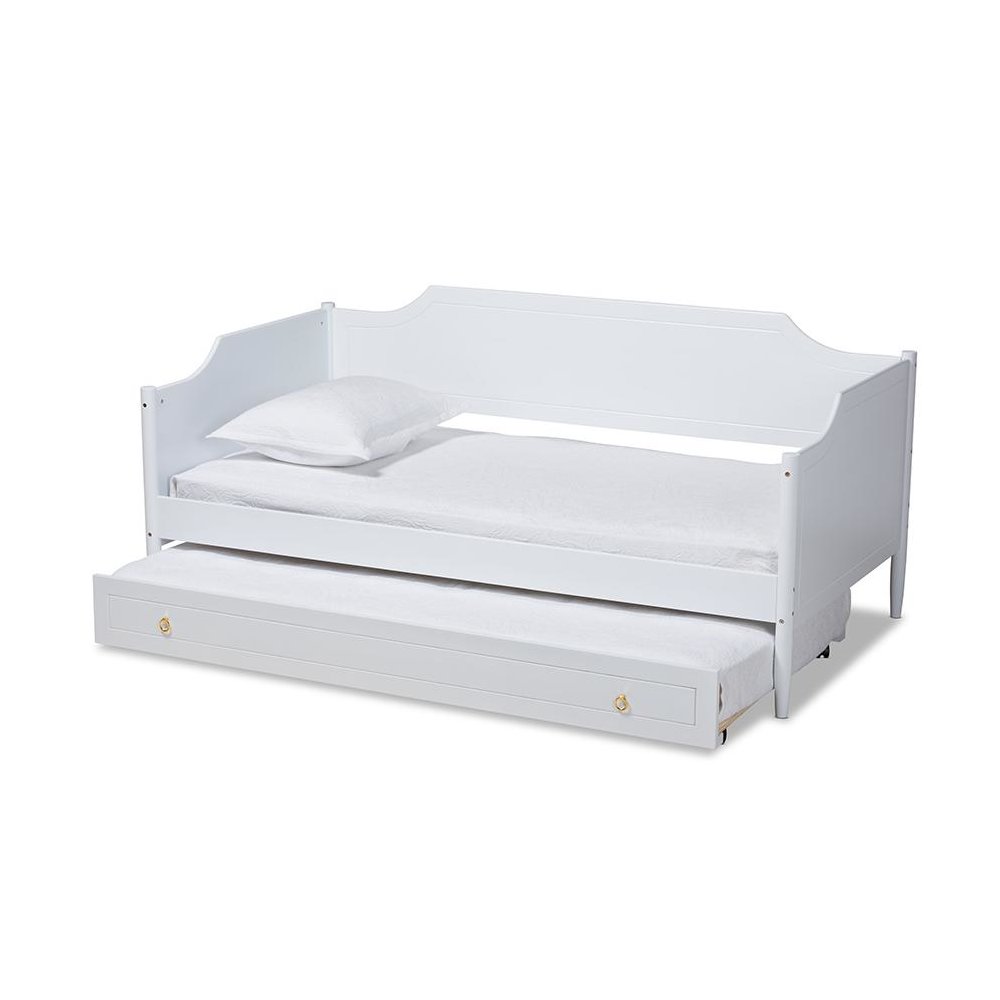 Farmhouse White Finished Wood Twin Size Daybed with Roll-Out Trundle Bed. Picture 2