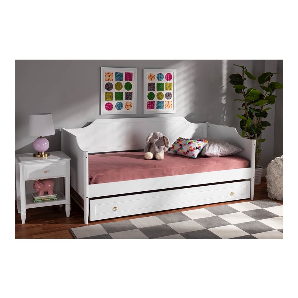 Farmhouse White Finished Wood Twin Size Daybed with Roll-Out Trundle Bed. Picture 9