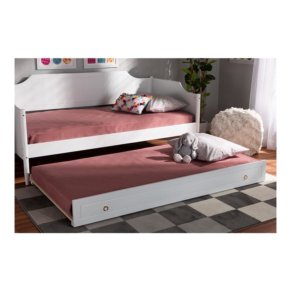 Alya Classic Traditional Farmhouse White Finished Wood Twin Size Trundle. Picture 5