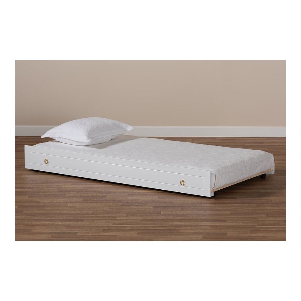 Alya Classic Traditional Farmhouse White Finished Wood Twin Size Trundle. Picture 6
