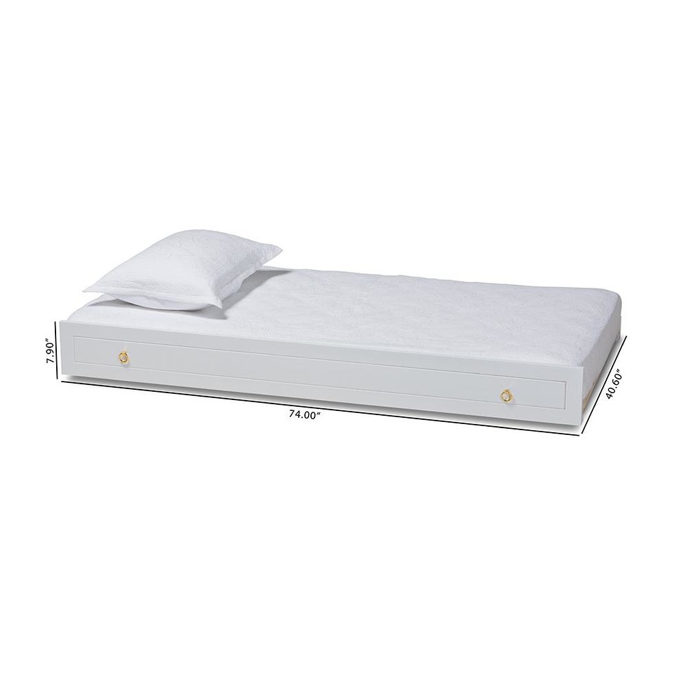 Alya Classic Traditional Farmhouse White Finished Wood Twin Size Trundle. Picture 7