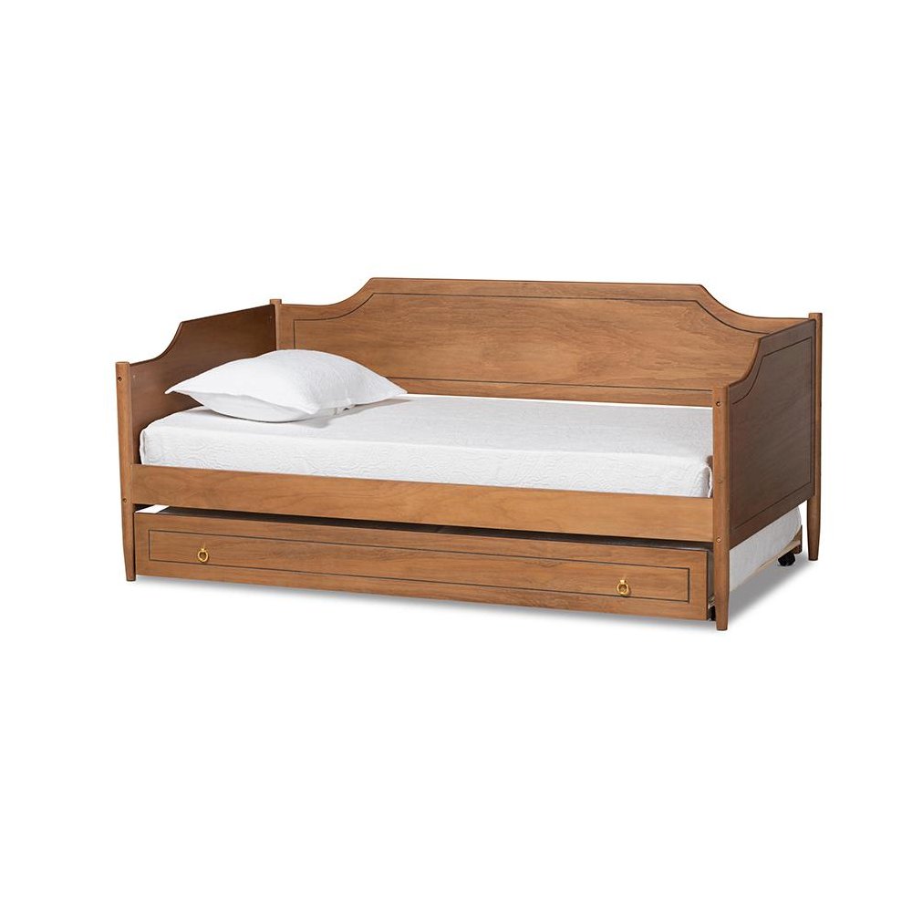 Farmhouse Walnut Brown Finished Wood Twin Size Daybed with Roll-Out Trundle Bed. Picture 1