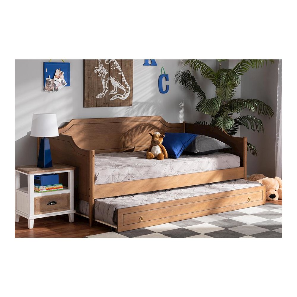 Farmhouse Walnut Brown Finished Wood Twin Size Daybed with Roll-Out Trundle Bed. Picture 10