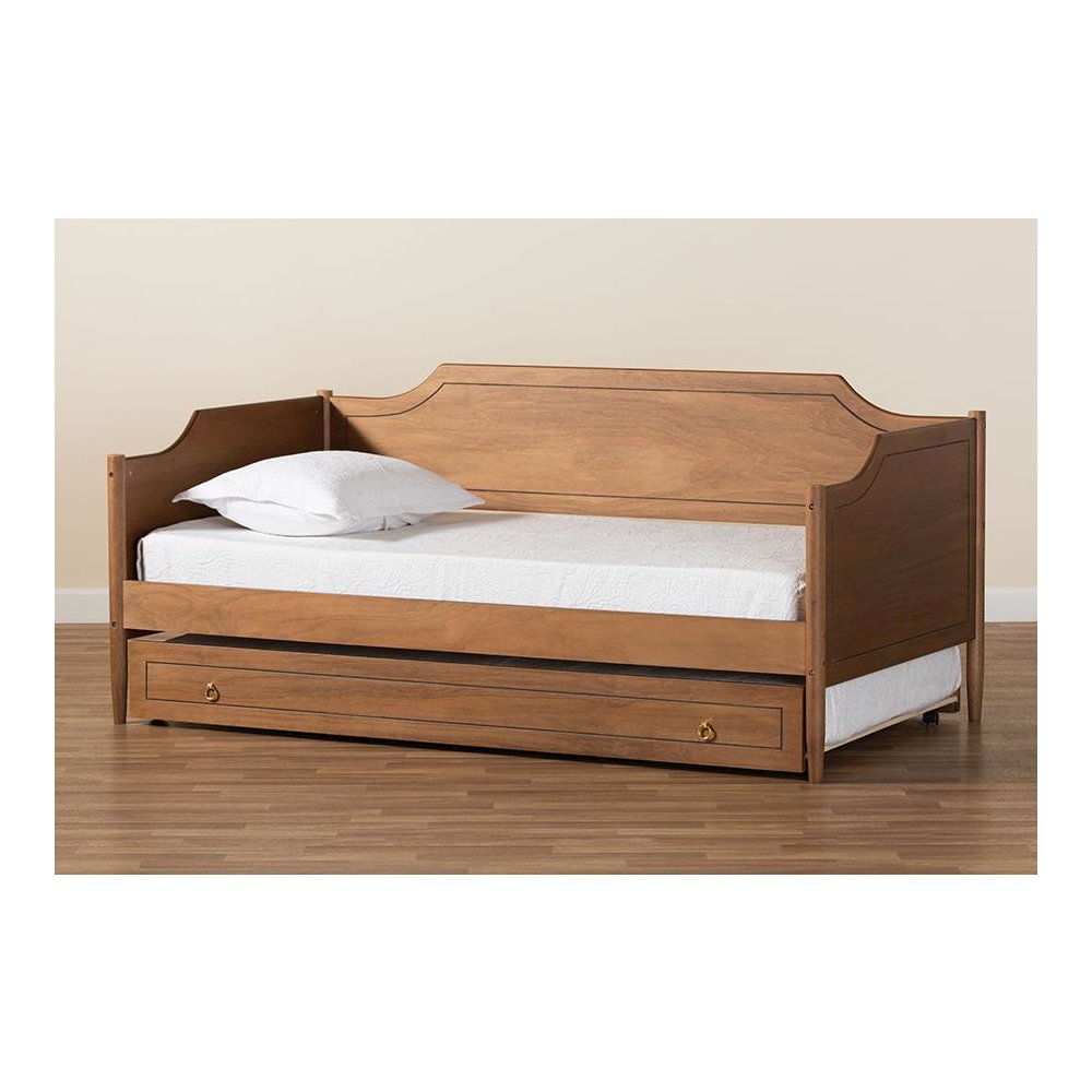 Farmhouse Walnut Brown Finished Wood Twin Size Daybed with Roll-Out Trundle Bed. Picture 11
