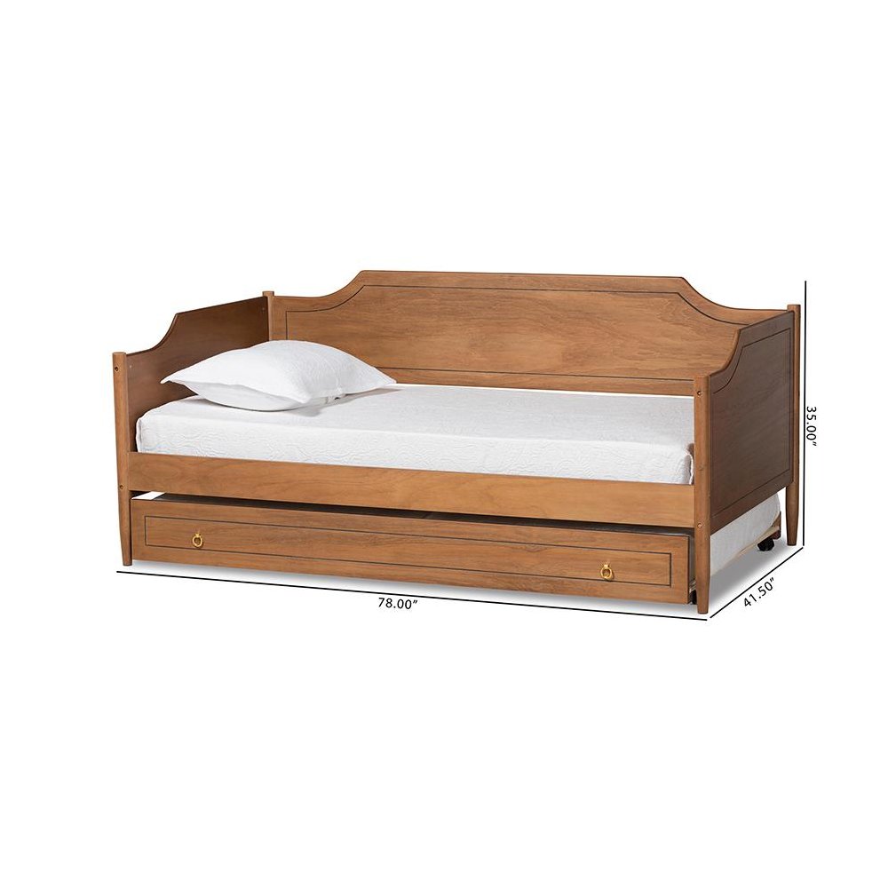 Farmhouse Walnut Brown Finished Wood Twin Size Daybed with Roll-Out Trundle Bed. Picture 12