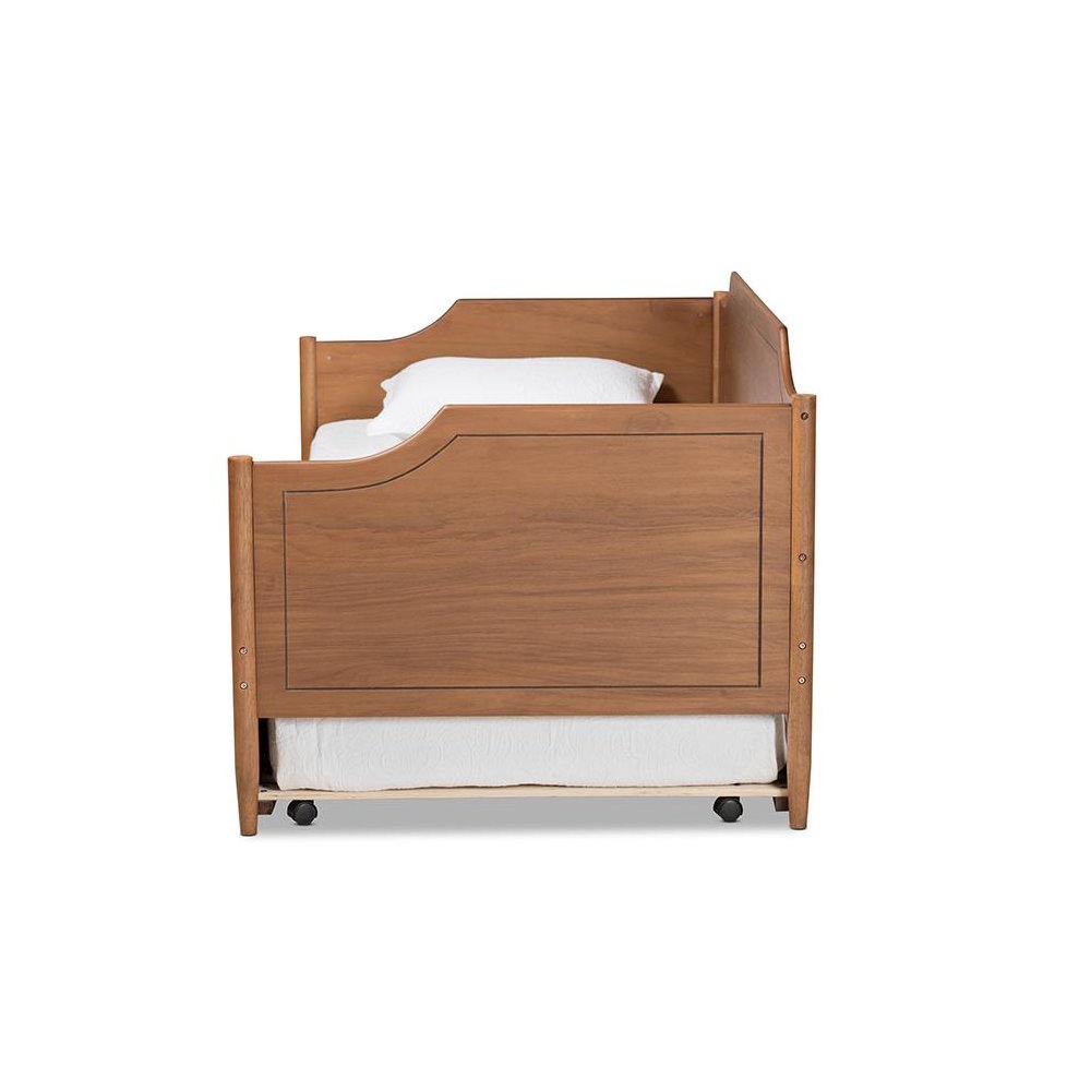 Farmhouse Walnut Brown Finished Wood Twin Size Daybed with Roll-Out Trundle Bed. Picture 3