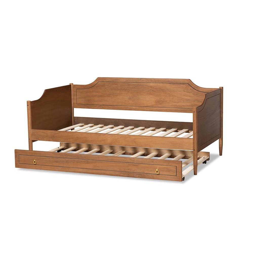 Farmhouse Walnut Brown Finished Wood Twin Size Daybed with Roll-Out Trundle Bed. Picture 5