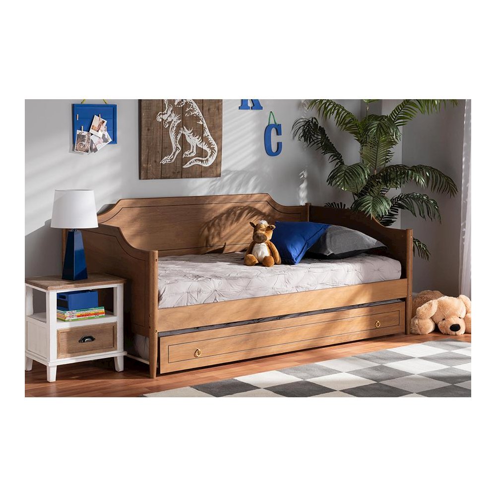 Farmhouse Walnut Brown Finished Wood Twin Size Daybed with Roll-Out Trundle Bed. Picture 9