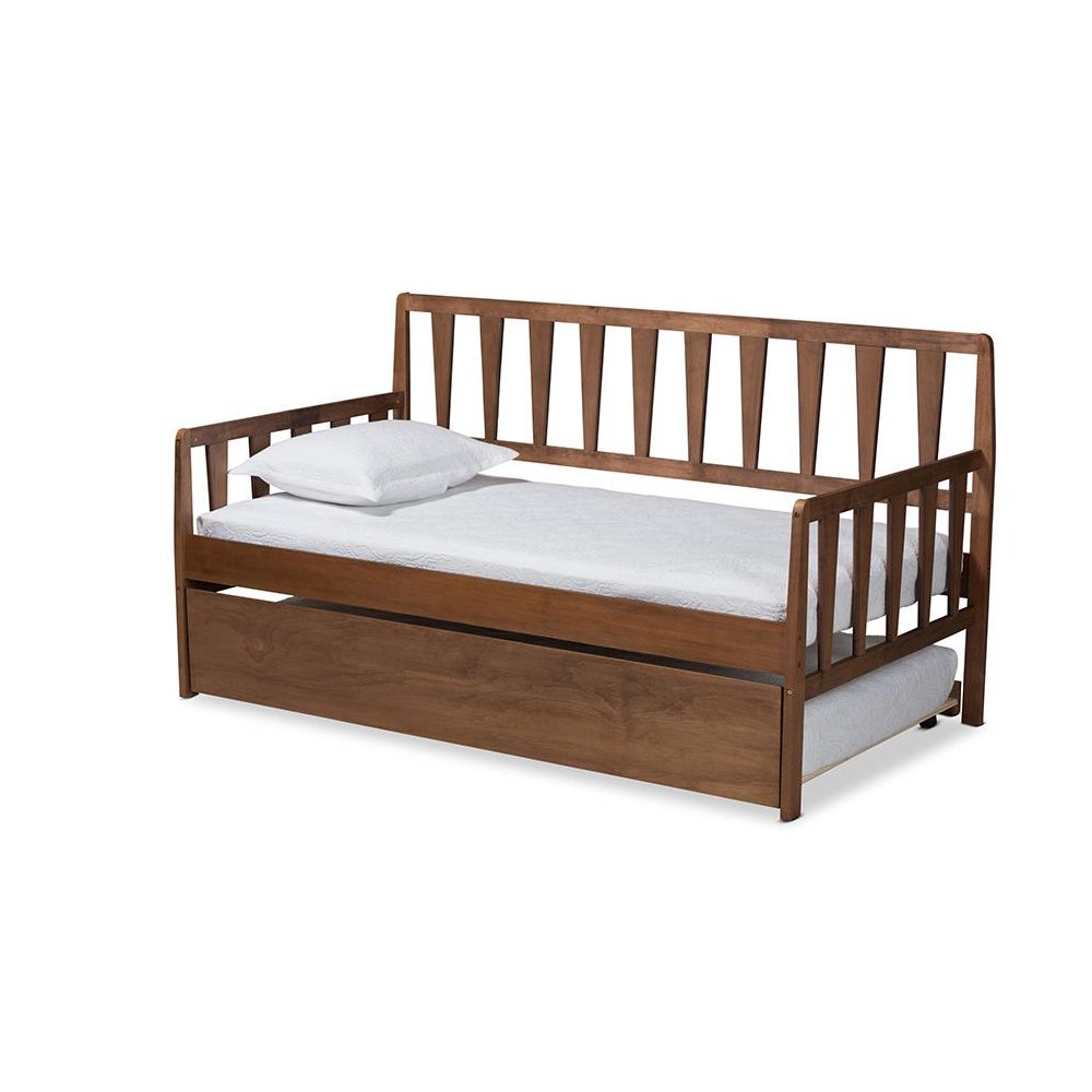 Walnut Brown Finished Wood Twin Size Daybed with Roll-Out Trundle Bed. Picture 1