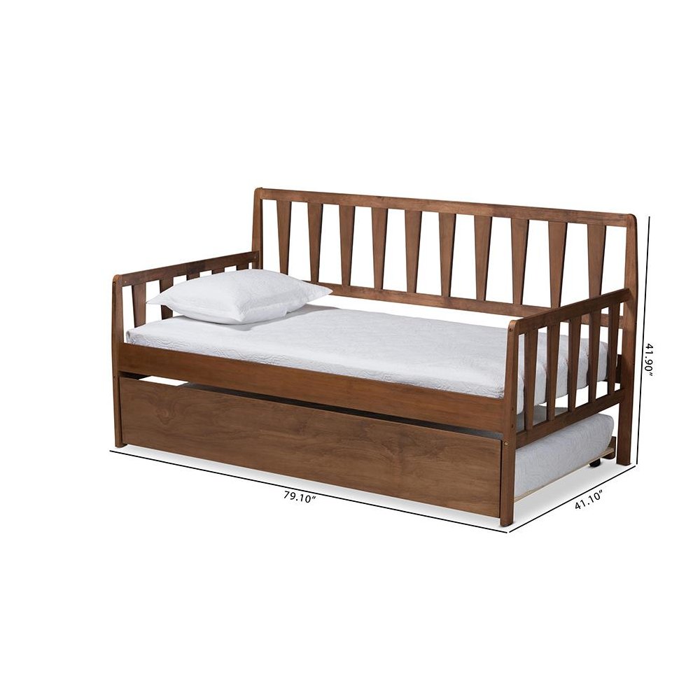Walnut Brown Finished Wood Twin Size Daybed with Roll-Out Trundle Bed. Picture 10