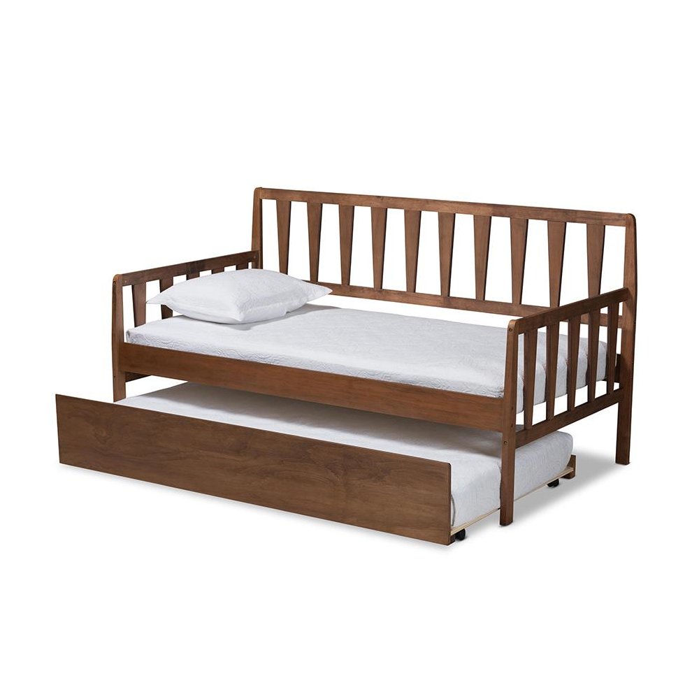 Walnut Brown Finished Wood Twin Size Daybed with Roll-Out Trundle Bed. Picture 2