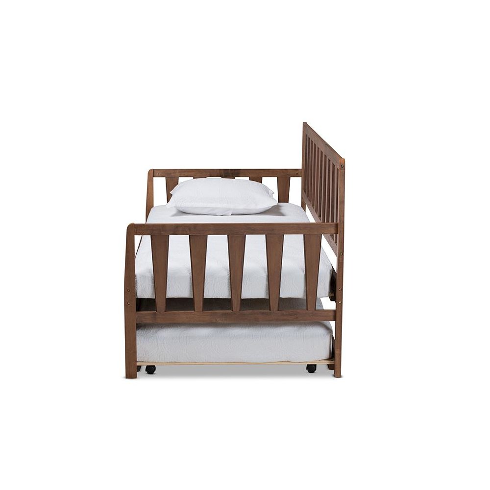 Walnut Brown Finished Wood Twin Size Daybed with Roll-Out Trundle Bed. Picture 3